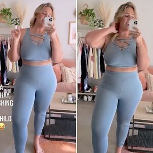 WAVE Beautiful SkyBlue 2pc Work Out Lycra Stretch Criss Cross Tank & Leggings XL